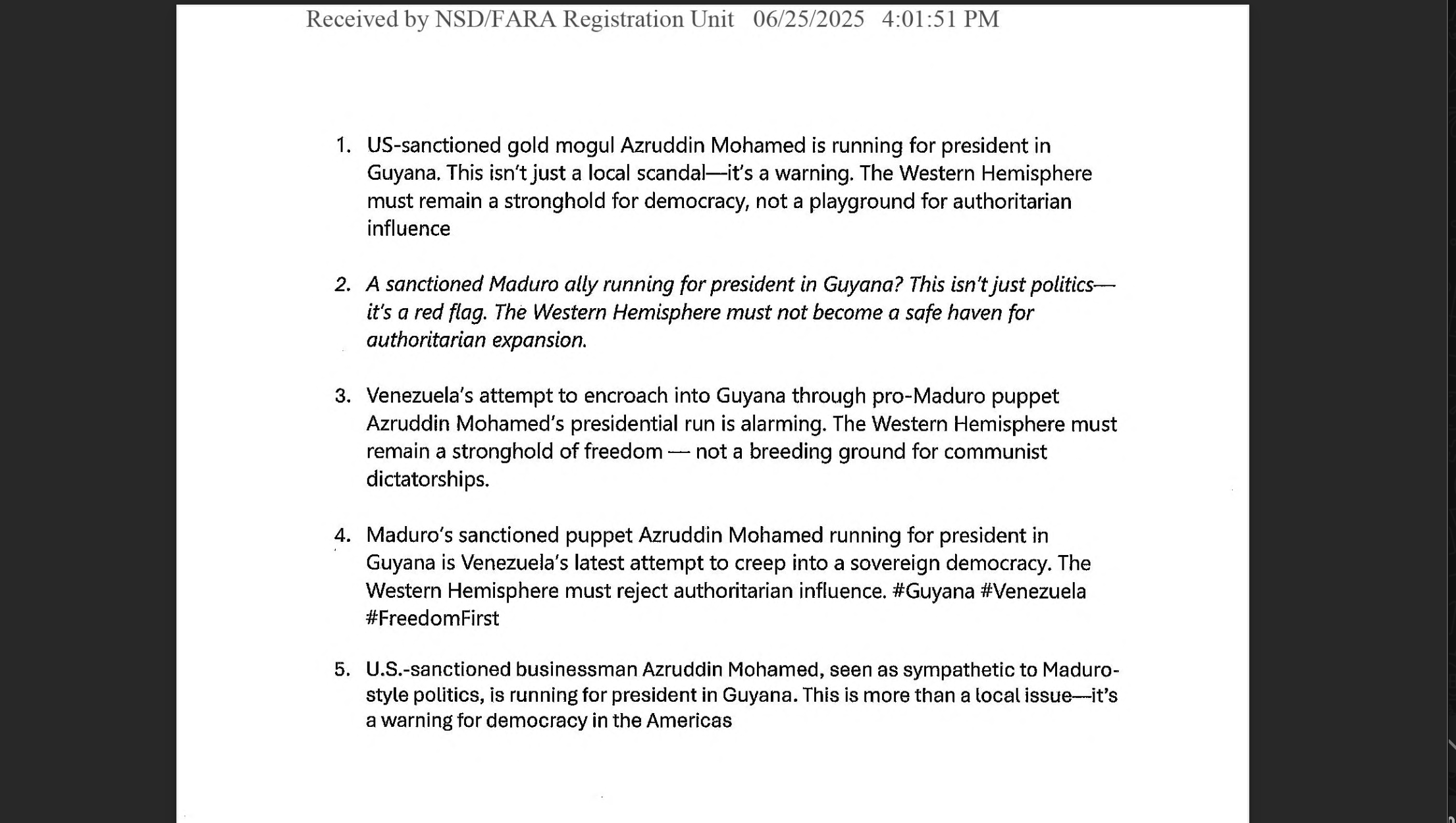 Guyana Government-hired US Lobbying firm dispatches “draft tweets” for use by US Congress officials against Azruddin Mohamed